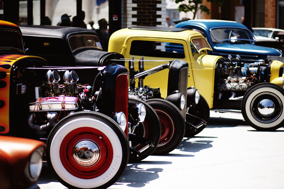 Vintage cars parked in a line