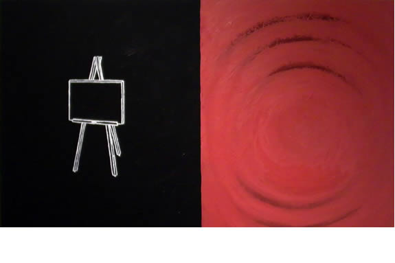 The painting presents a stark contrast between darkness and light, emptiness and fullness. The black side with the empty easel evokes a sense of solitude or a waiting period for inspiration. In contrast, the red side with its swirling lines suggests energy, passion, or perhaps the creative process itself. The two halves together could symbolize the duality of artistic creation: the initial blank slate and the subsequent process of bringing ideas to life.