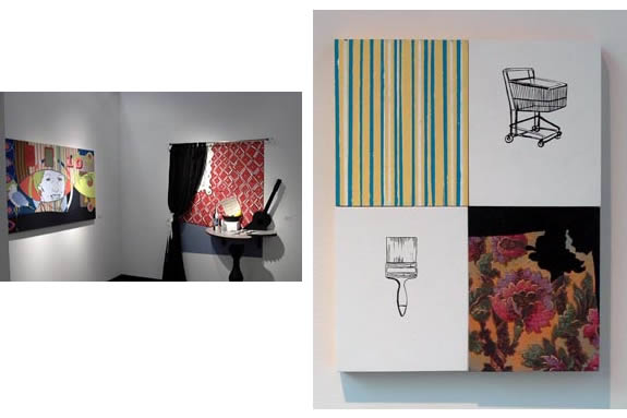 The image showcases two contrasting art exhibits. The left panel presents a more traditional gallery setting with a single, large-scale painting. The right panel features a more experimental piece that combines different materials and styles.
