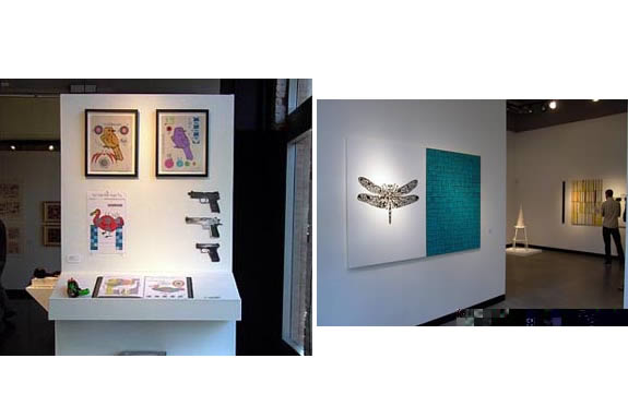 two contrasting art exhibits. The left panel presents a more intimate and curated space with smaller, whimsical works. The right panel depicts a larger, more open gallery with larger-scale, visually striking pieces.