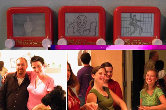 "Etch A Sketch" drawings with patrons art gallery opening