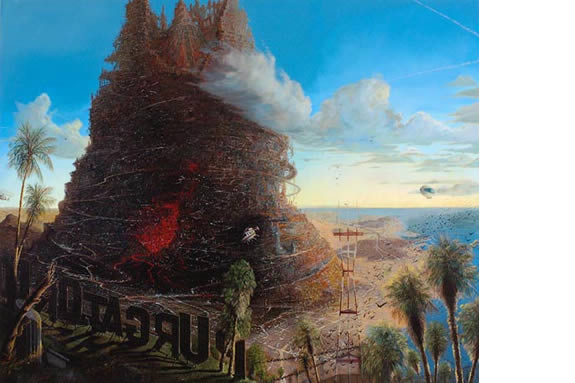 Landscape painting of tornado shaped cloud over a city.