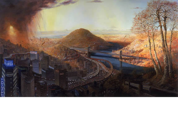 landscape painting of a city, bringt on the right and dark on the left.