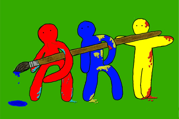 A painting of primary colored people holding a paintbrush.
