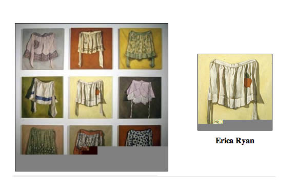 The image showcases a collection of paintings by Erica Ryan, focusing on the humble apron as a subject. The paintings are detailed and realistic, capturing the various textures and patterns of the aprons. The overall effect is one of nostalgia and appreciation for everyday objects.