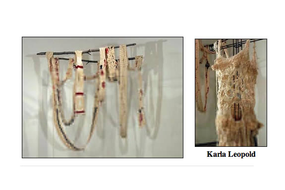 The two photographs show a textile artist's work, featuring intricate woven or knitted pieces with a neutral color palette. The pieces have a flowing, organic appearance, suggesting a connection to nature or the human body.