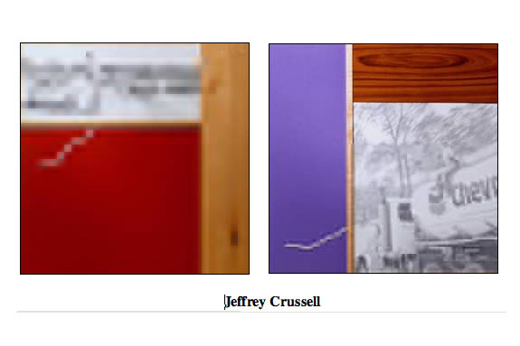 The image showcases two contrasting pieces by Jeffrey Crussell. The left panel is more abstract and mysterious, while the right panel is more narrative and detailed. Both pieces explore a mix of colors, textures, and imagery.