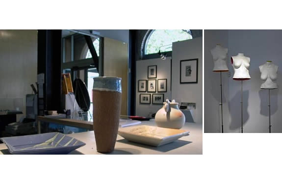 The image showcases two contrasting art exhibits. The left panel presents a more traditional gallery setting with framed photographs and ceramic objects. The right panel features a more conceptual piece that uses mannequins to explore themes of body and identity.