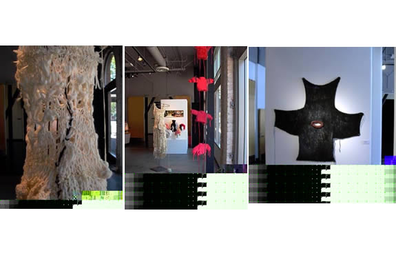 The image showcases three distinct textile-based artworks. The left panel features a sculptural piece with a human-like form, the middle panel features a series of hanging threads, and the right panel features a cross-shaped piece with a circular opening. The artworks collectively create a sense of texture and dimension within the gallery space.