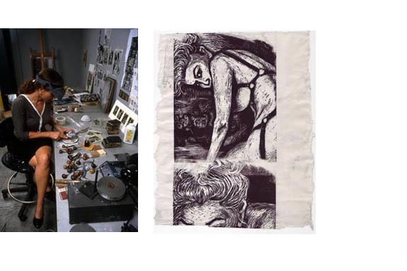 Woman in studio space and drawing of female figure.