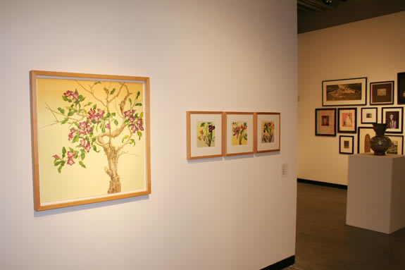 installation shot of flower paintings hanging on gallery wall