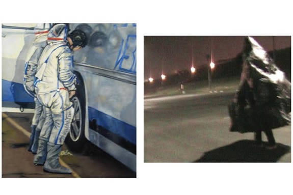 Astronaut painting on left and person walking with cone over their entire body.