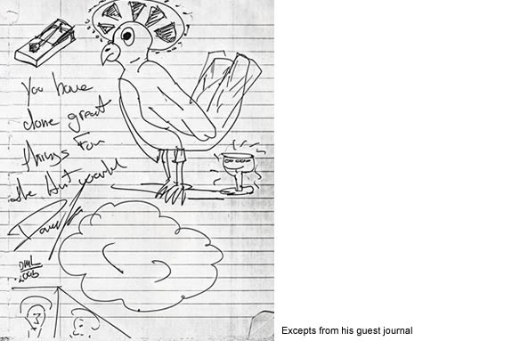 line drawing on lined paper of bird and wine glass and text (Greg Drasler, 2005)