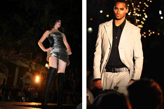 Two photographs. On the left is a woman in a short dress posing on a runway. On the right is a man in a white suit walking down the runway