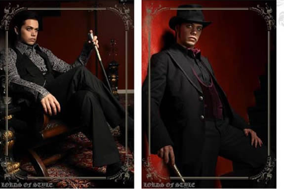 A figure on the left posed, sitting on a chair. Figure on the right posed and making eye contact with the viewer