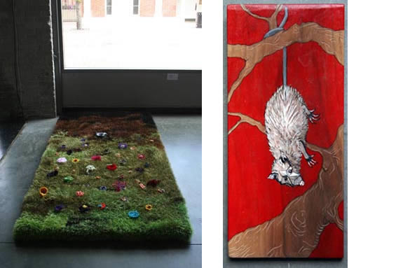 Friends and Family, grass lawn installation with a rat hanging by its tail