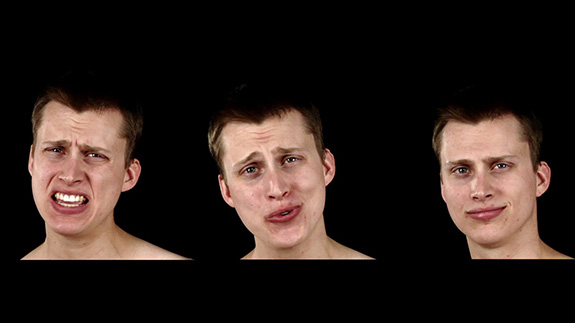Three head shots of a young man with different facial expressions.