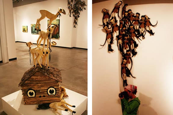 wooden sculpture with eyes and goats on top (left) floating girl dolls in the corner of the wal (right) (garcia,2005)
