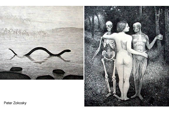 Two images. Left image of a snake in the water, right image of three figures one skeleton, one human, and one human with only muscles and veins showing.