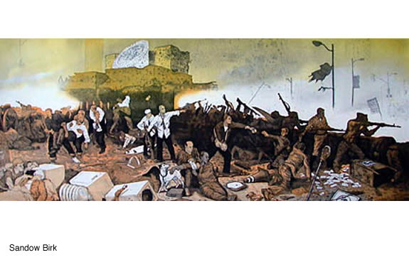 Drawing or painting of a war, set in modern day.