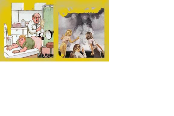 IN APPROPRIATE Artwork by Jeff Gillette. man being examined by doctor,left three woman watching explosion, right