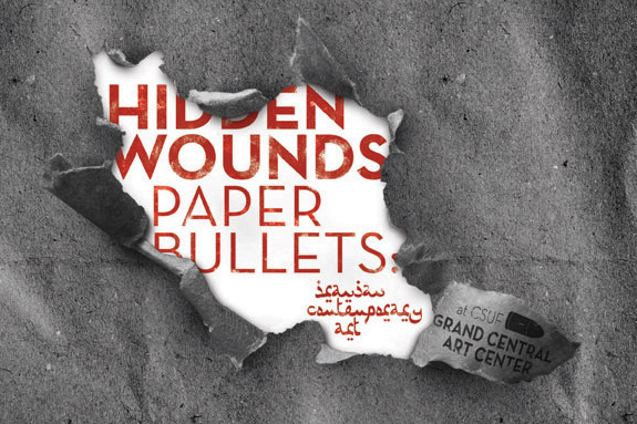 poster for " Hidden Wounds, Paper Bullets," text ripped from paper