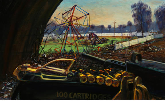 Painting of a broken down fairground.