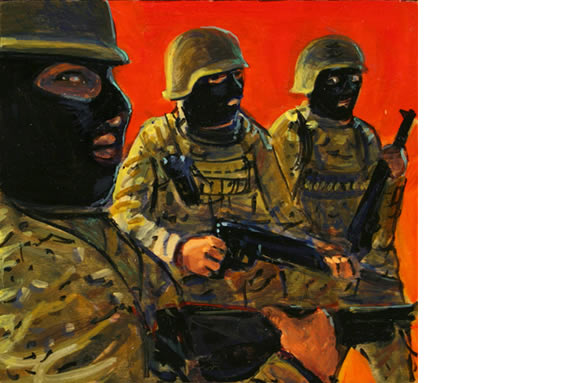 Painting of three masked military men.