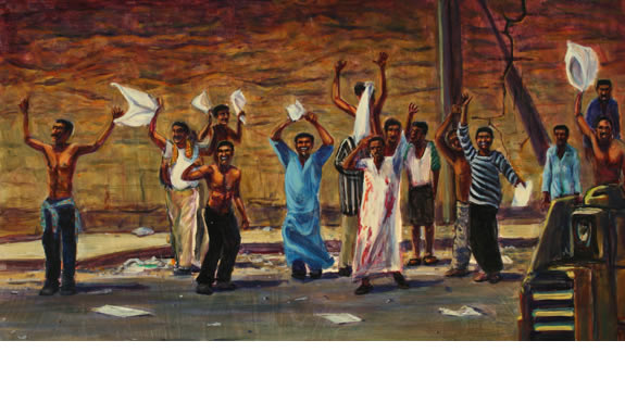 Painting of people shouting in the streets.