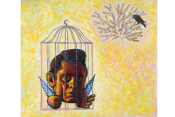 A head with wings in a birdcage.