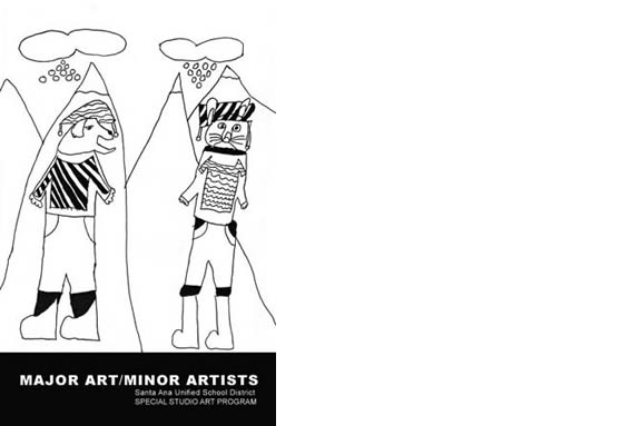 Major art minor artists exhibition poster. Drawing of animals in the rain, child-like style.
