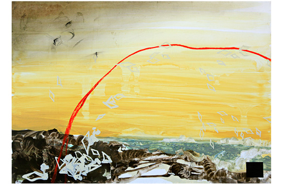 an abstract painting with red line over a rocky cliff on the ocean