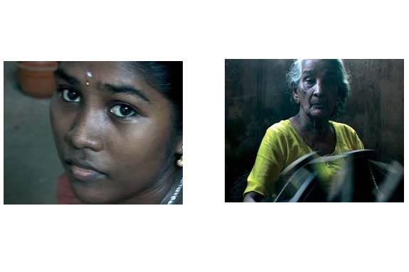 young girl looking into camera, left older woman looking into camera, right