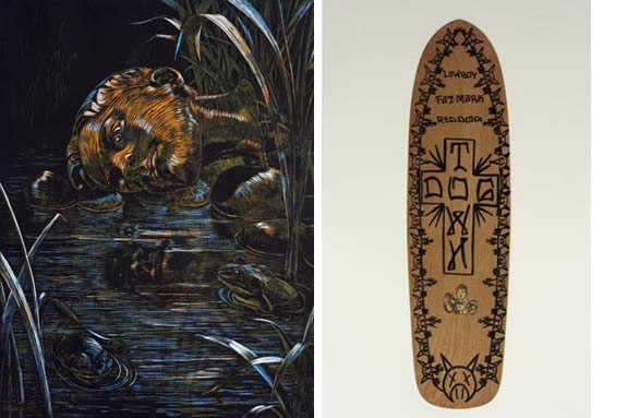 An etching of a head in a creek next to a photo of a decorative skateboard deck.