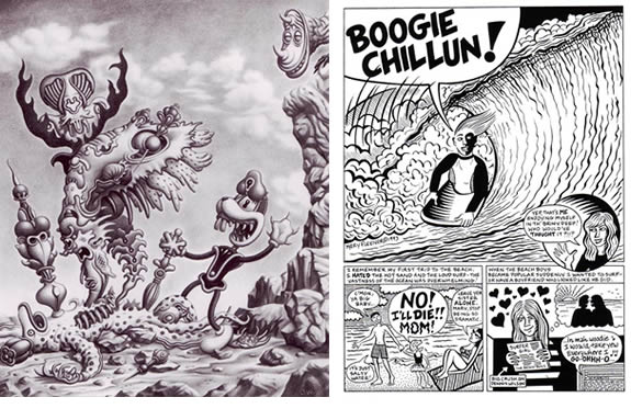 Cartoon drawing of a dog and abstract monster-like figures.