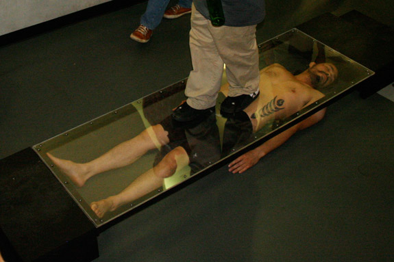 Roost Staff and Residents. Man in a glass box with a person walking on top