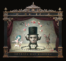 Mark Ryden painting of abraham lincoln with no body only a head juggling raw meat in a circus setting.