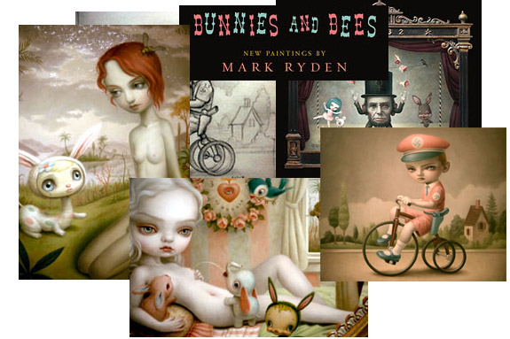 Mark Ryden, Bunnies and Bees painting images. Woman sitting in a field with a bunny, woman reclines with a bunny, Small boy rides a tricycle.