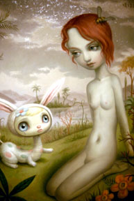 Mark Ryden painting of a woman with red hair in a field with a bunny. Whimsical style.
