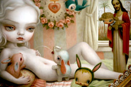 Mark Ryden painting of a girl reclining nude with two bunnies and jesus in the corner.