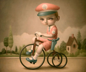 Mark Ryden painting of a small boy riding a tricycle. Has a nazi symbol on his hat
