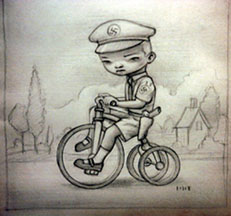Mark Ryden, drawing of a small boy riding a tricycle. Has a nazi symbol on his hat.