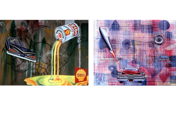 Two images, on the left a spilt can with a car and "SHELL" logog. On the right abstracted background with rocketship taking off and car.