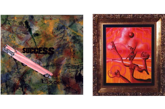 Two images, on the left is a pink car over splatter background with the word 'success.' On the right is a red devil on red background.