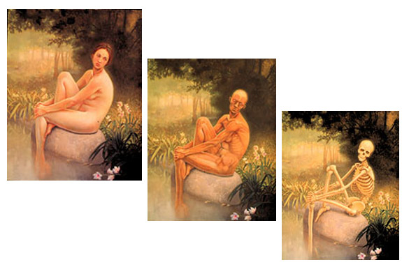Three images of artwork, shown of woman sitting on a rock in a forest setting, left to right, average human (left), without skin (middle), Skeleton (right) Peter Zokosky