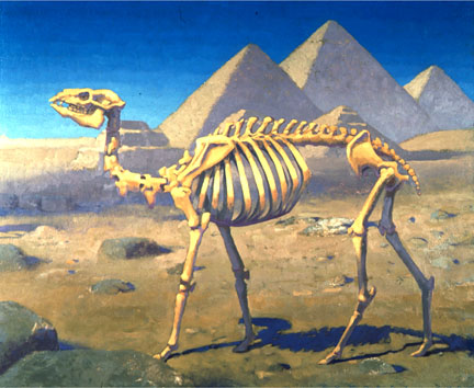 Camel skeleton standing in front of pyramids, Peter Zokosky