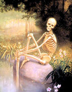 Skeletal figure sitting on a rock in forest setting Peter Zokosky (2002)