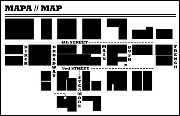 A black and white map of downtown