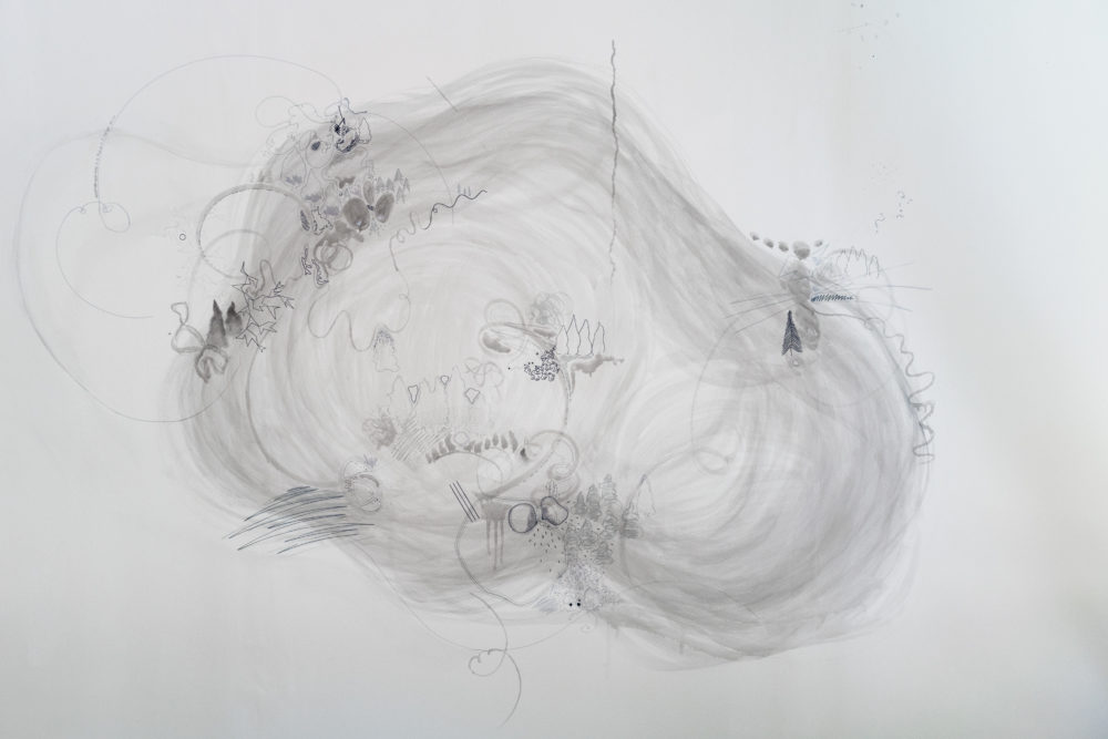 The mural is predominantly white, with intricate, almost microscopic details drawn in shades of gray.