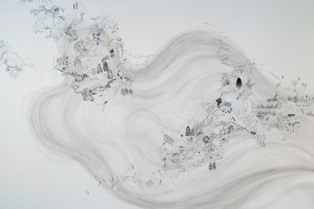 The mural is predominantly white, with intricate, almost microscopic details drawn in shades of gray.